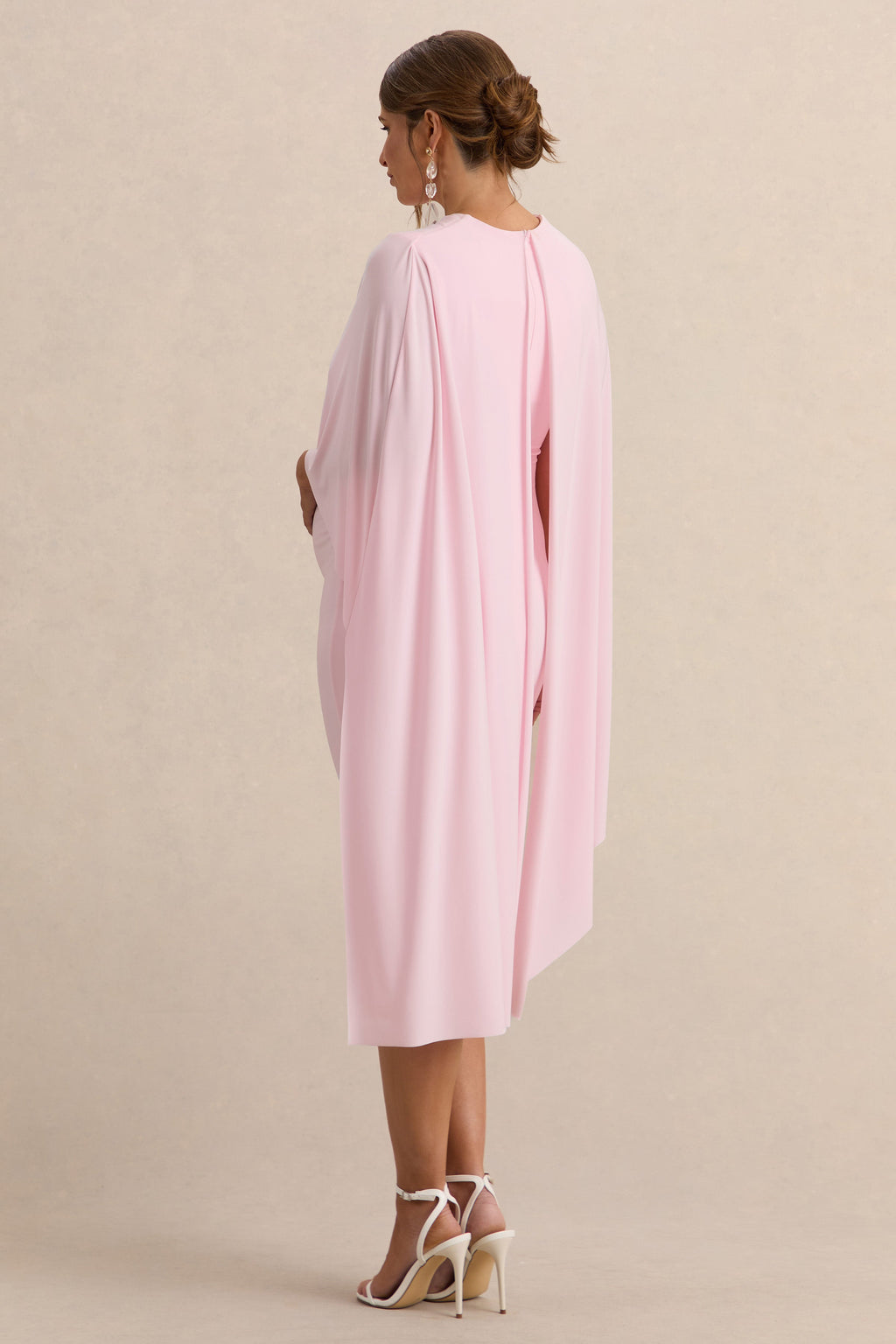 Driftly | Arwen Light Pink Round-Neck Maternity Midi Dress With Cape Detail