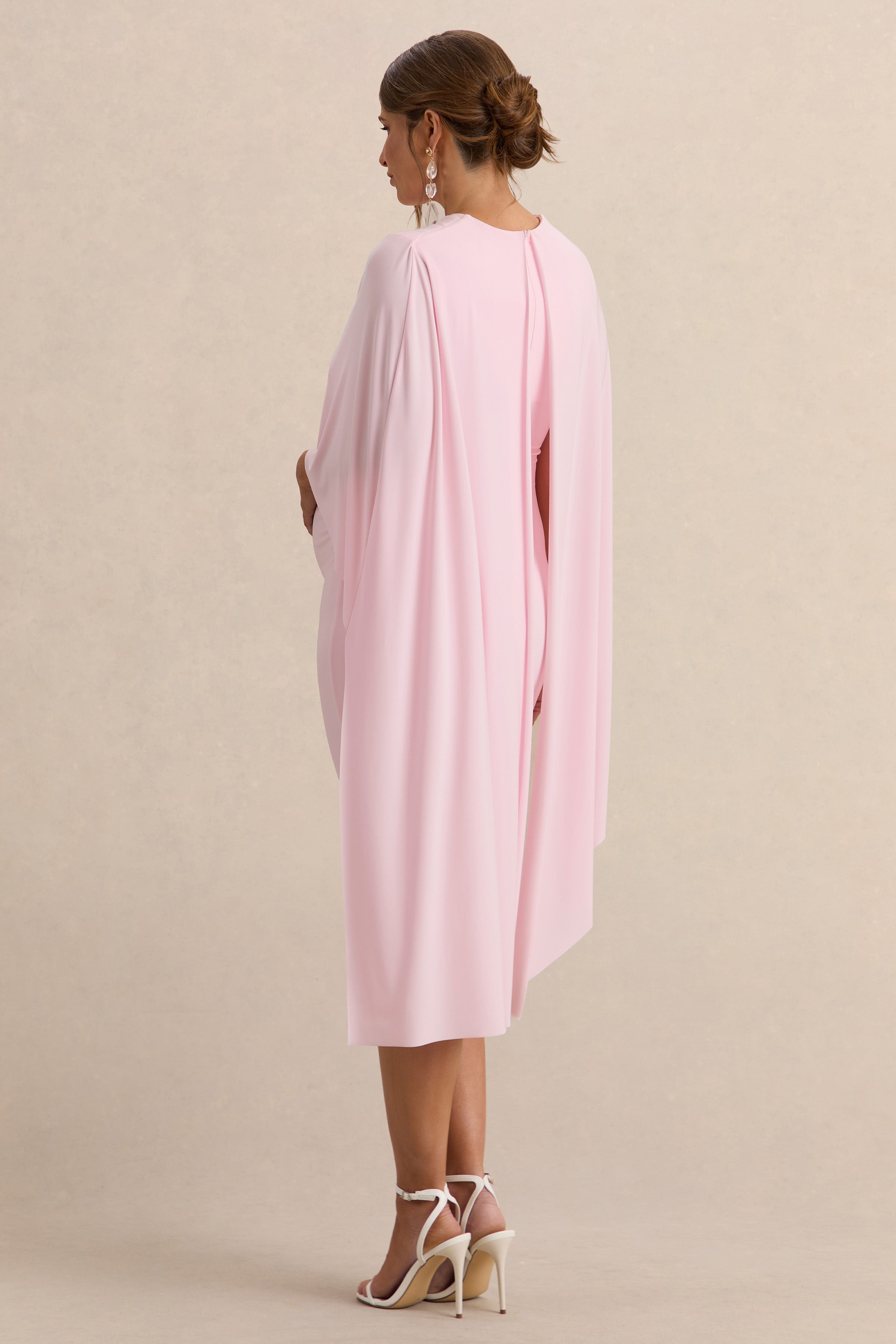 Driftly | Arwen Light Pink Round-Neck Maternity Midi Dress With Cape Detail