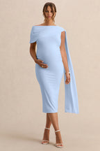 Braelyn Powder Blue Asymmetric-Neck Maternity Midi Dress With Gathered Detailing And Sash – second lifestyle photo