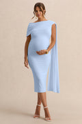 Driftly | Braelyn Powder Blue Asymmetric-Neck Maternity Midi Dress With Gathered Detailing And Sash