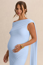 Driftly | Braelyn Powder Blue Asymmetric-Neck Maternity Midi Dress With Gathered Detailing And Sash