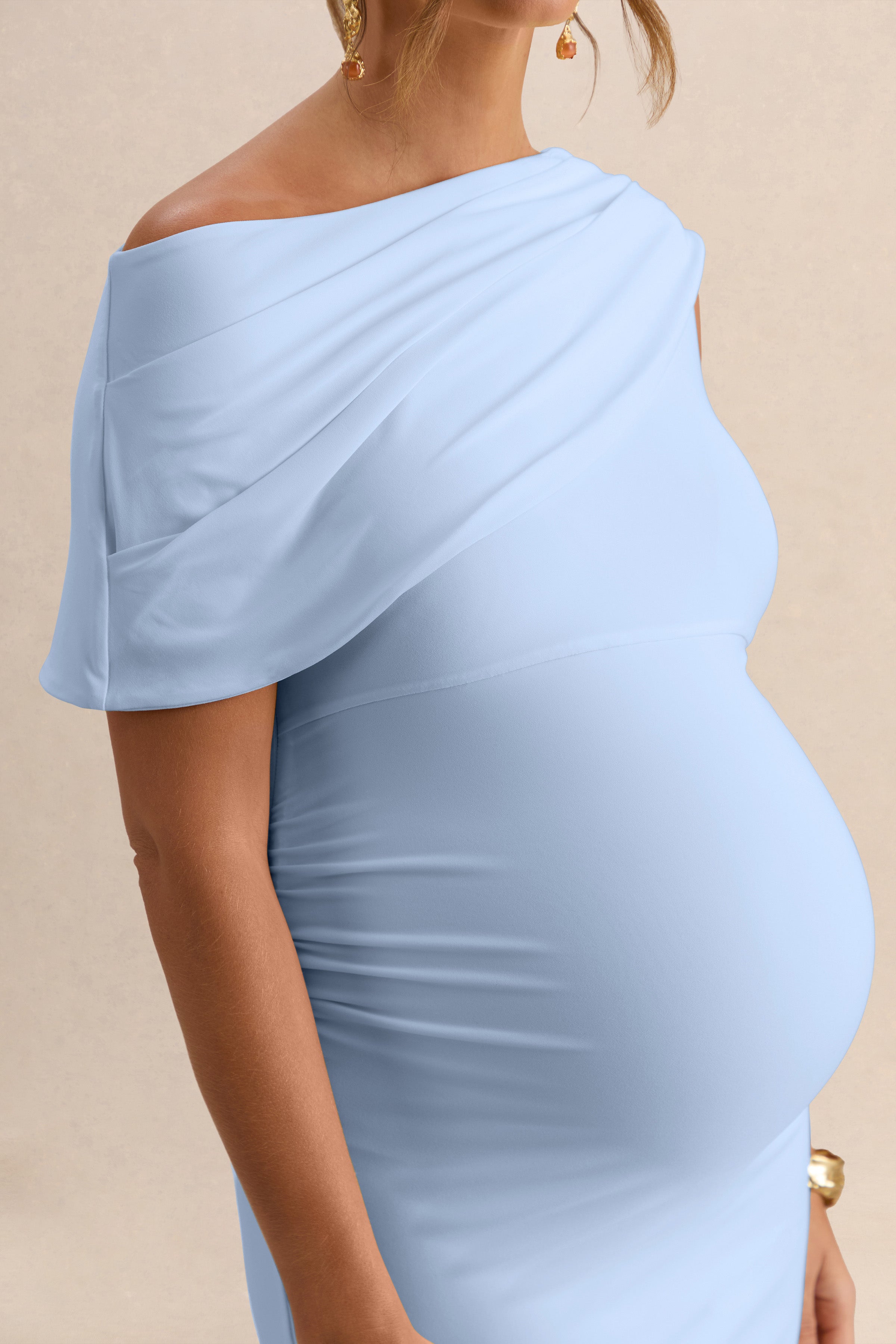 Driftly | Braelyn Powder Blue Asymmetric-Neck Maternity Midi Dress With Gathered Detailing And Sash