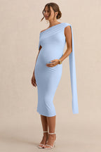 Driftly | Braelyn Powder Blue Asymmetric-Neck Maternity Midi Dress With Gathered Detailing And Sash