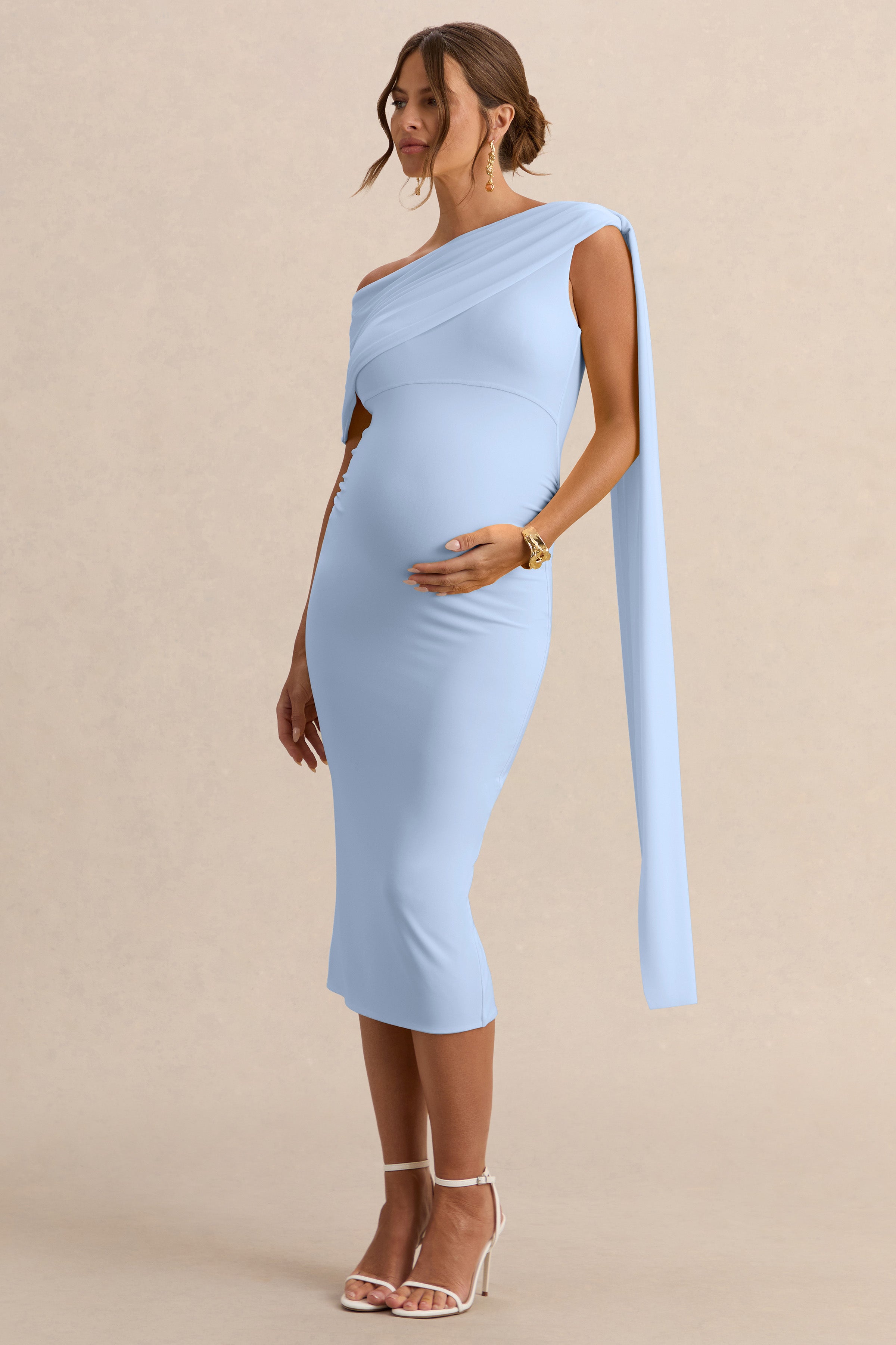 Driftly | Braelyn Powder Blue Asymmetric-Neck Maternity Midi Dress With Gathered Detailing And Sash