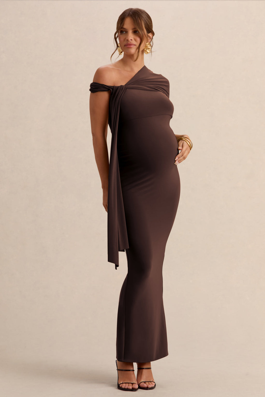 Driftly | Isela Dark Brown Asymmetric-Neck Maternity Maxi Dress With Sash Detail