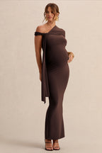Driftly | Isela Dark Brown Asymmetric-Neck Maternity Maxi Dress With Sash Detail