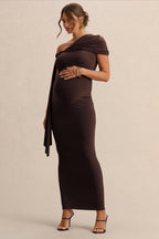 Driftly | Isela Dark Brown Asymmetric-Neck Maternity Maxi Dress With Sash Detail