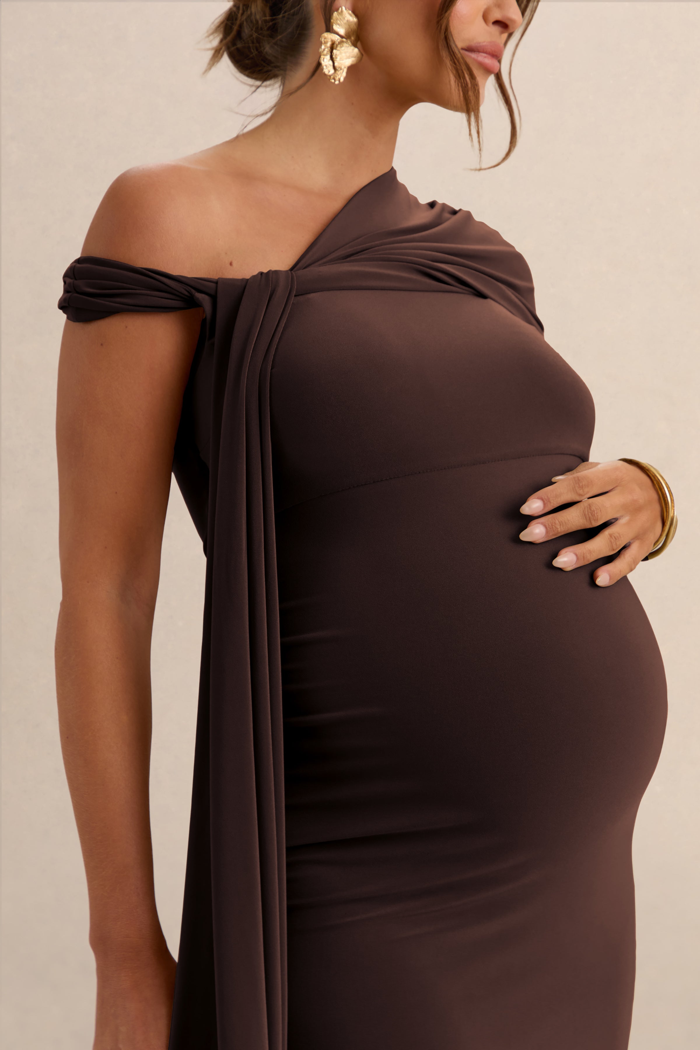 Driftly | Isela Dark Brown Asymmetric-Neck Maternity Maxi Dress With Sash Detail