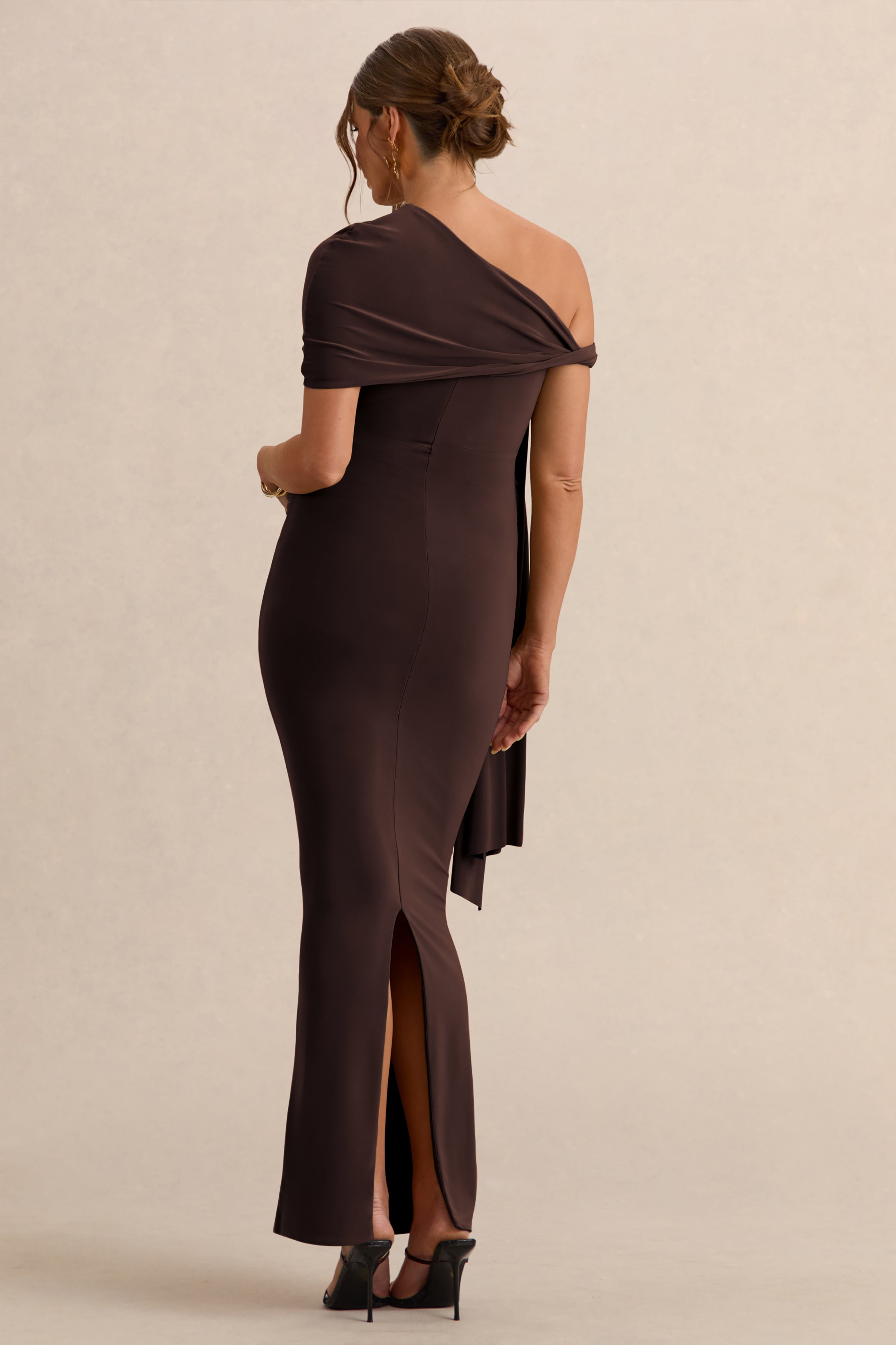 Driftly | Isela Dark Brown Asymmetric-Neck Maternity Maxi Dress With Sash Detail