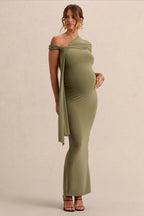 Driftly | Isela Khaki Asymmetric-Neck Maternity Maxi Dress With Sash Detail