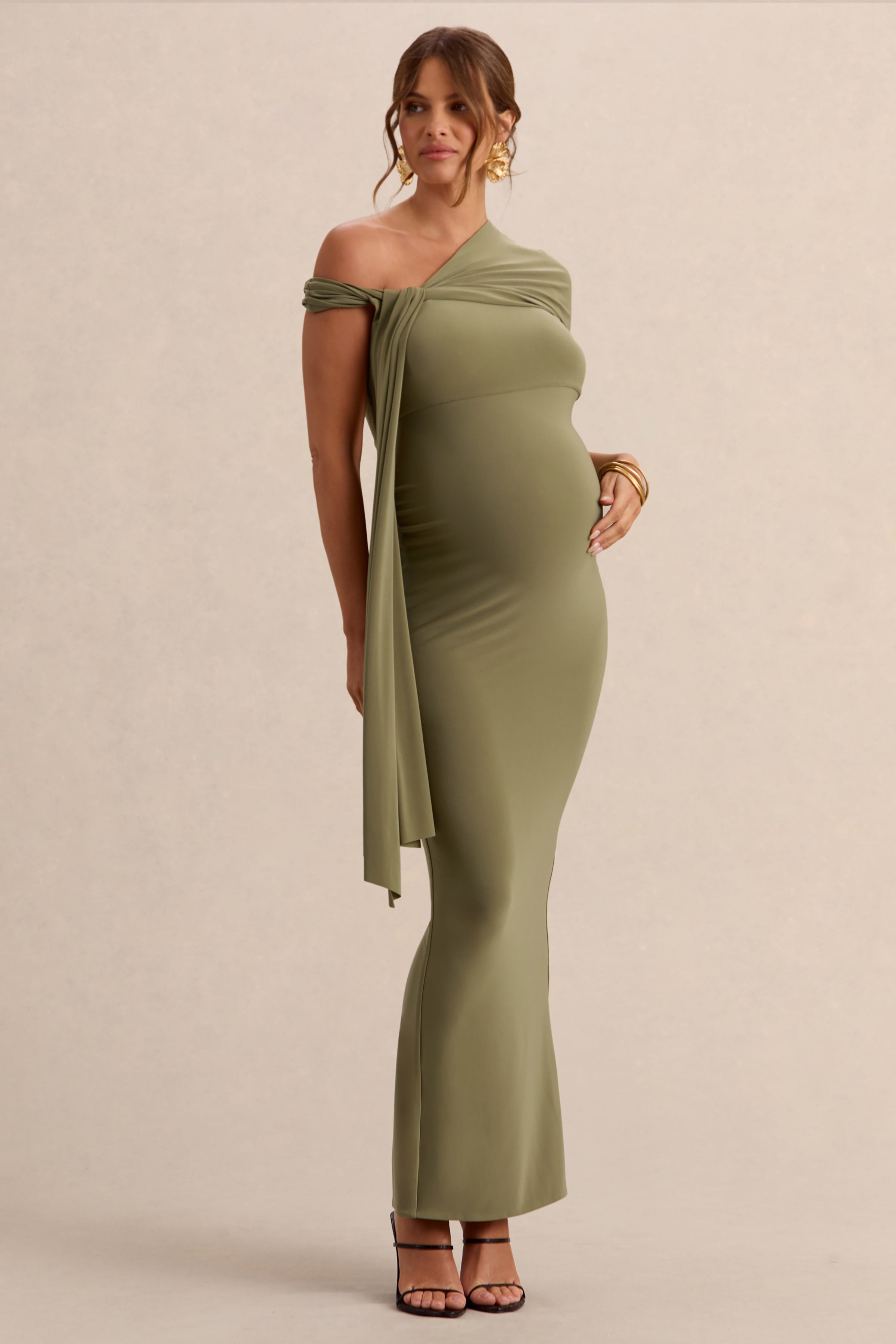 Driftly | Isela Khaki Asymmetric-Neck Maternity Maxi Dress With Sash Detail