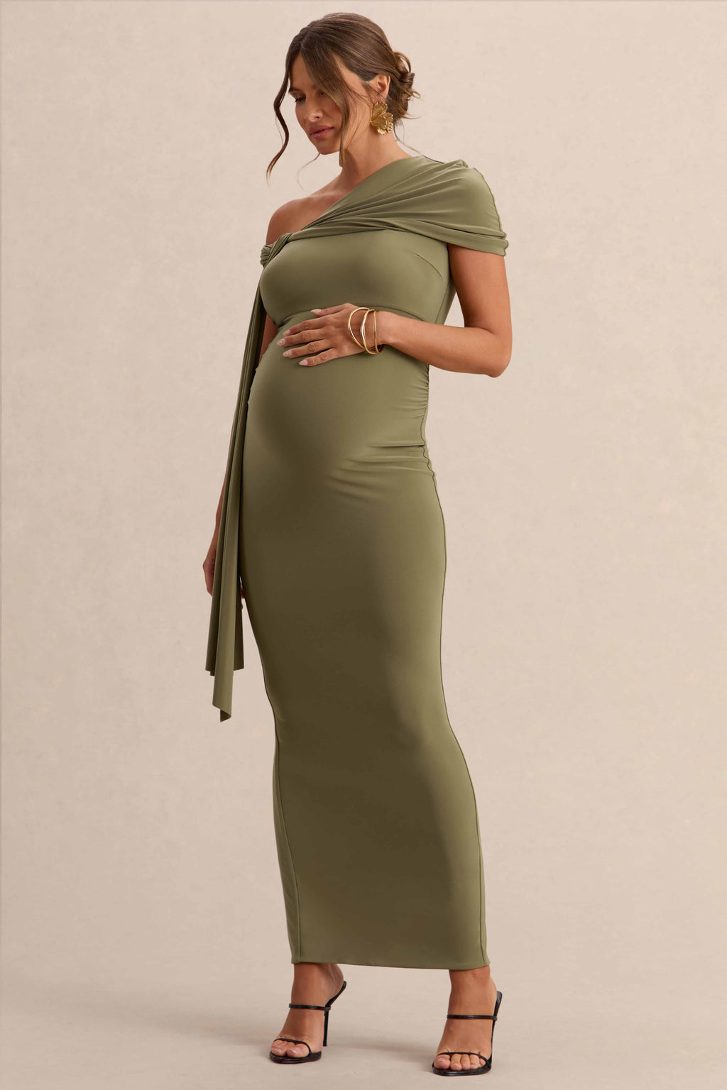 Driftly | Isela Khaki Asymmetric-Neck Maternity Maxi Dress With Sash Detail