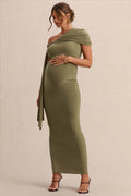 Driftly | Isela Khaki Asymmetric-Neck Maternity Maxi Dress With Sash Detail
