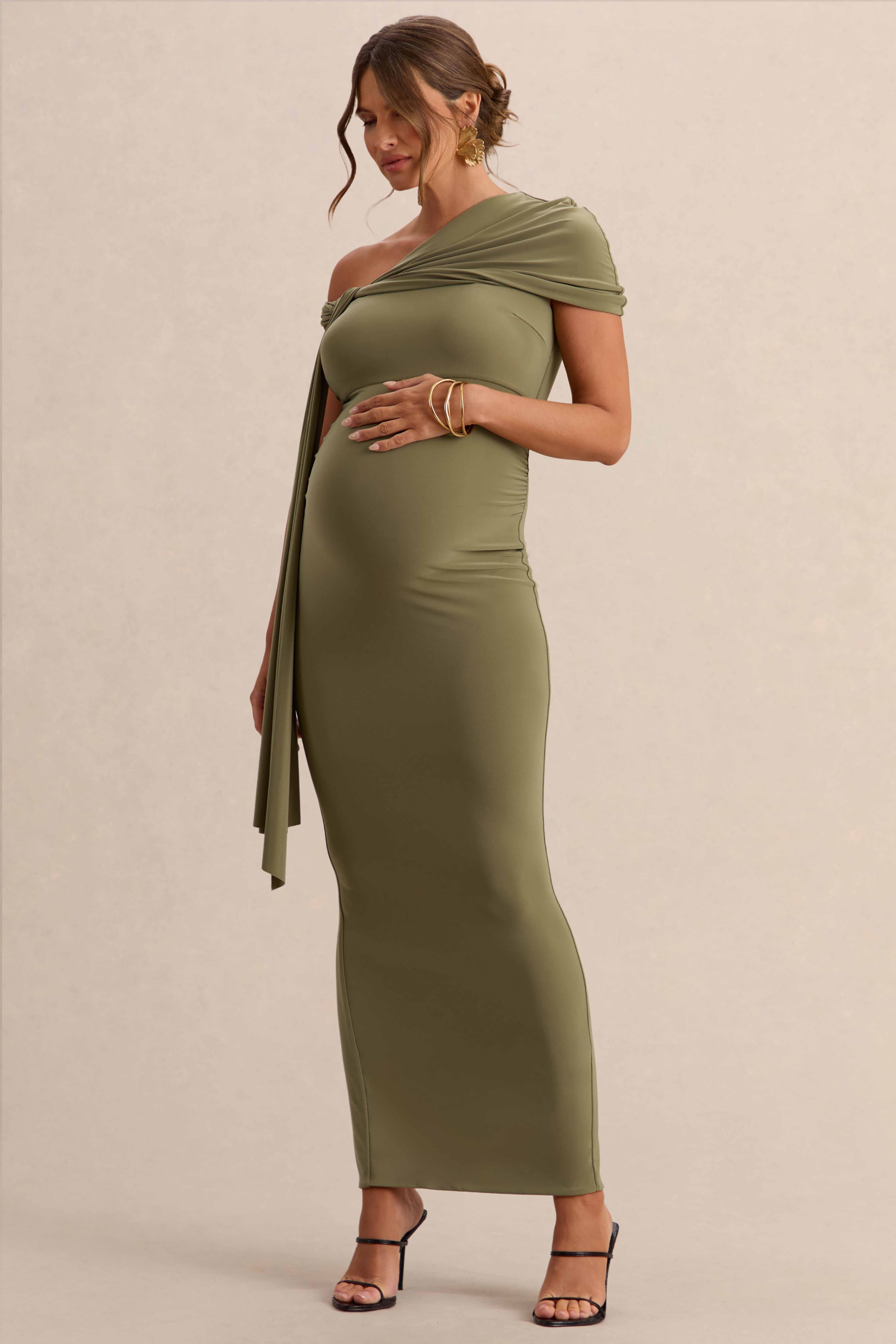 Driftly | Isela Khaki Asymmetric-Neck Maternity Maxi Dress With Sash Detail