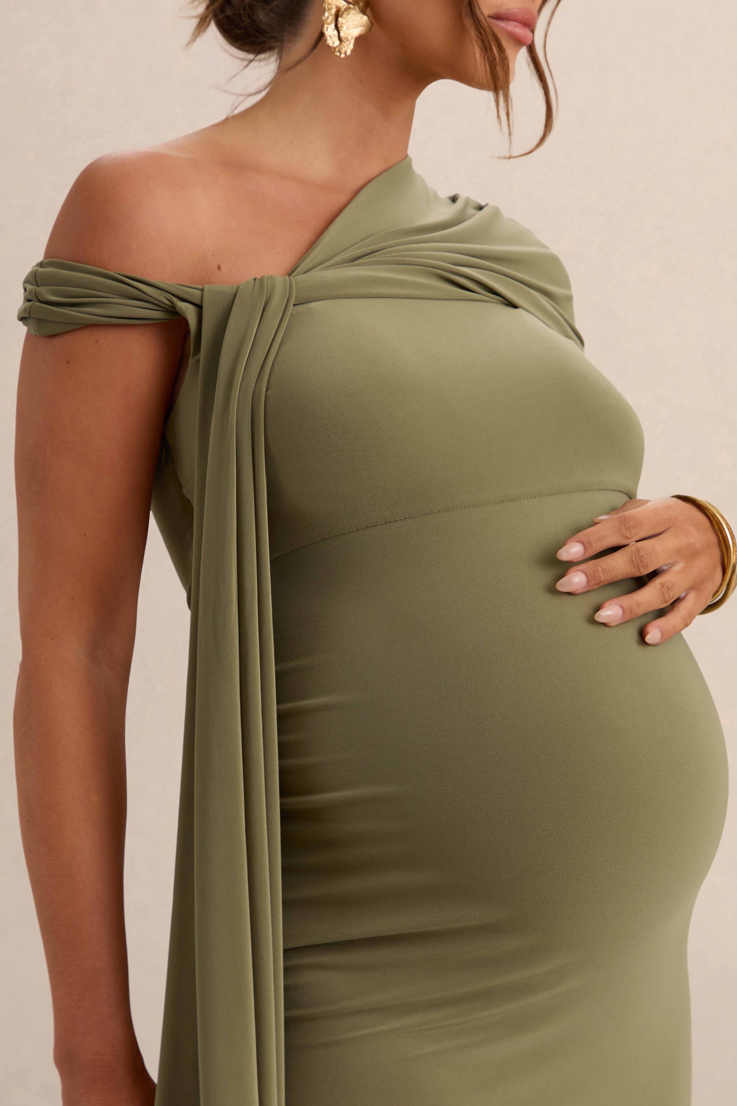 Driftly | Isela Khaki Asymmetric-Neck Maternity Maxi Dress With Sash Detail