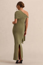 Driftly | Isela Khaki Asymmetric-Neck Maternity Maxi Dress With Sash Detail