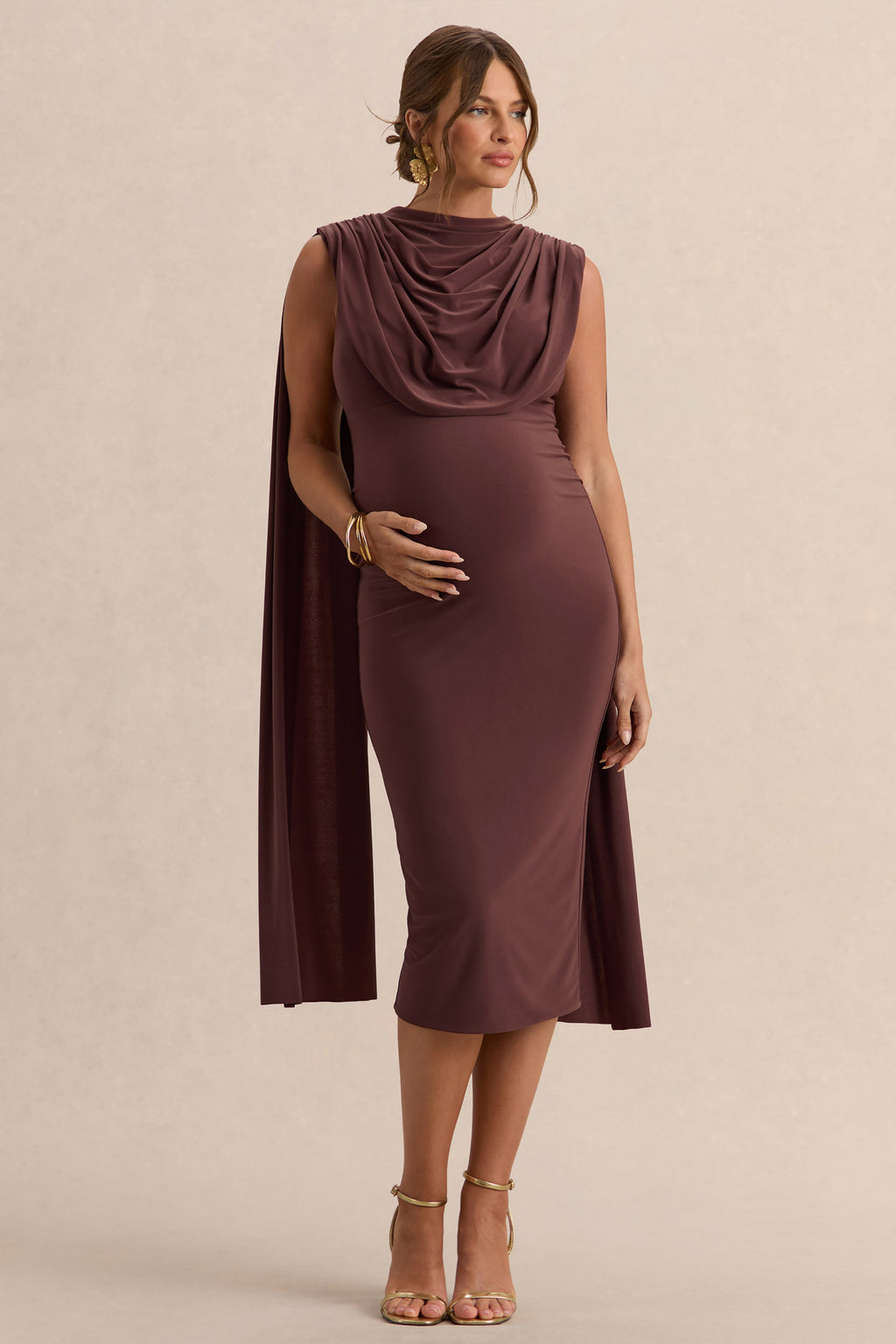 Driftly | Milaine Dark Brown Round-Neck Maternity Midi Dress With Cape Sleeves