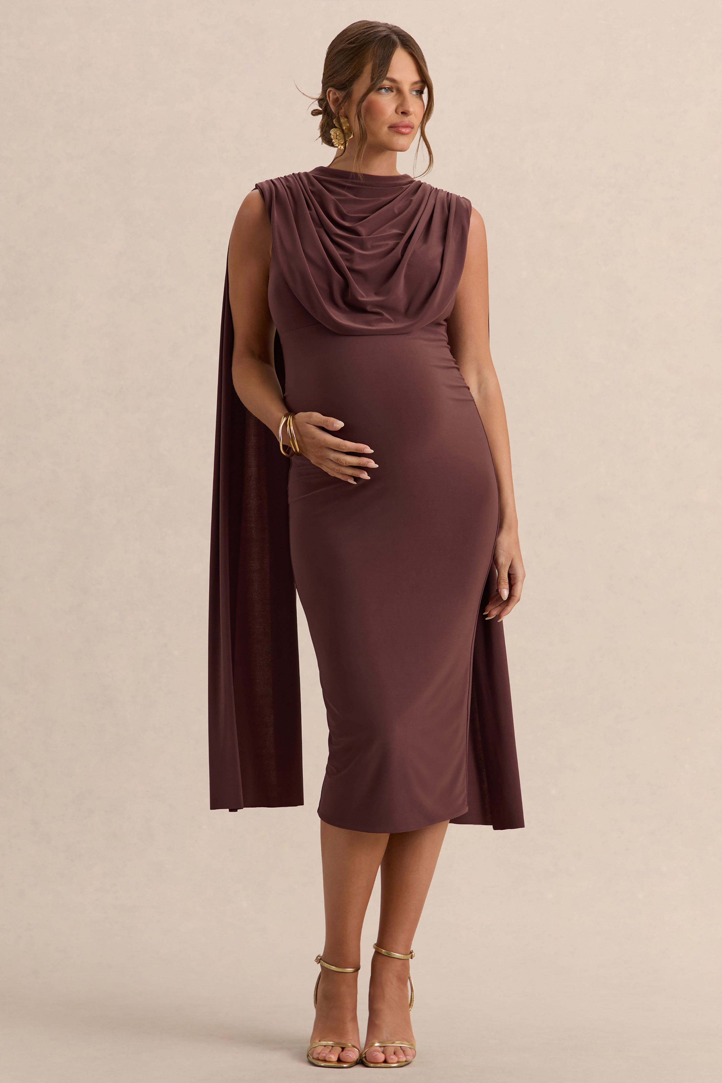 Driftly | Milaine Dark Brown Round-Neck Maternity Midi Dress With Cape Sleeves
