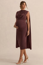 Driftly | Milaine Dark Brown Round-Neck Maternity Midi Dress With Cape Sleeves