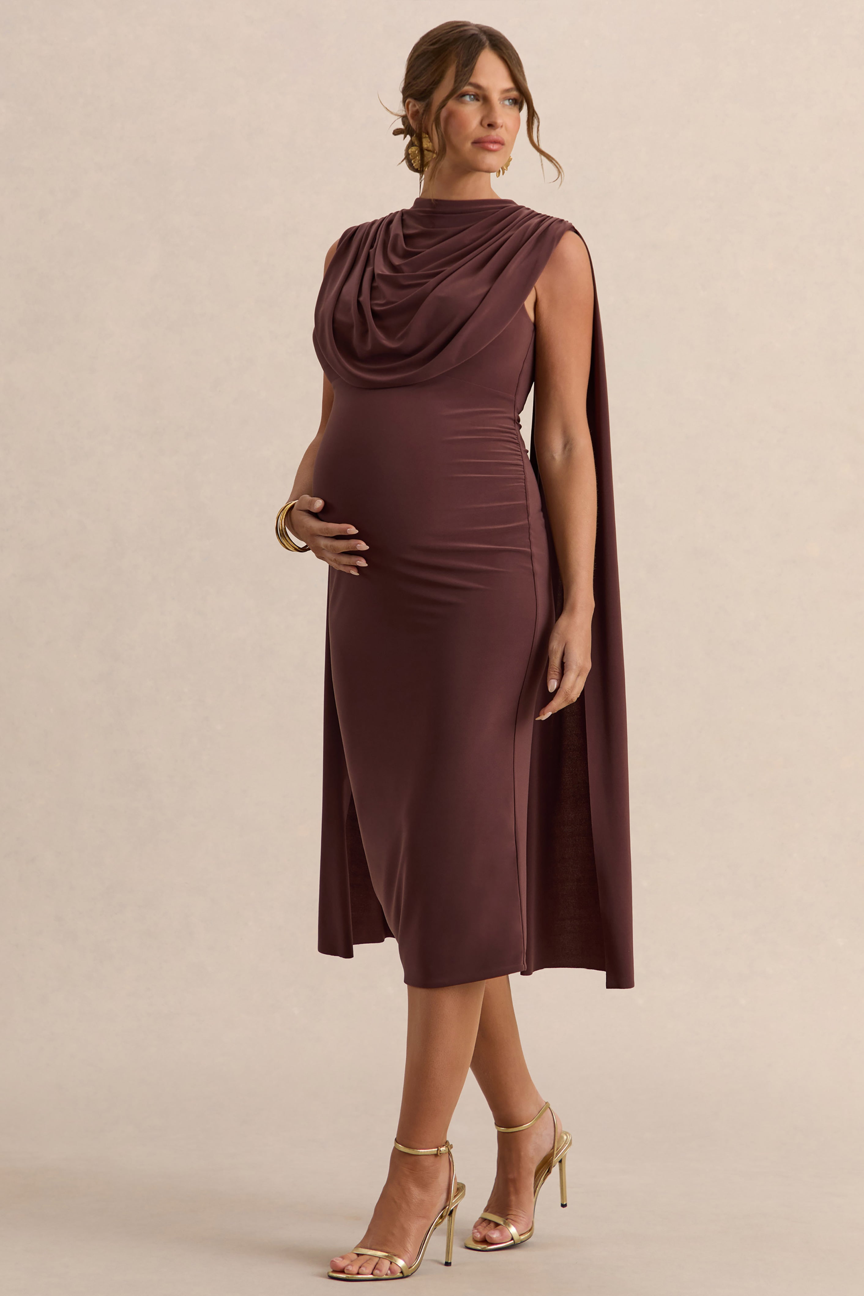 Driftly | Milaine Dark Brown Round-Neck Maternity Midi Dress With Cape Sleeves