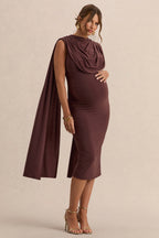 Driftly | Milaine Dark Brown Round-Neck Maternity Midi Dress With Cape Sleeves
