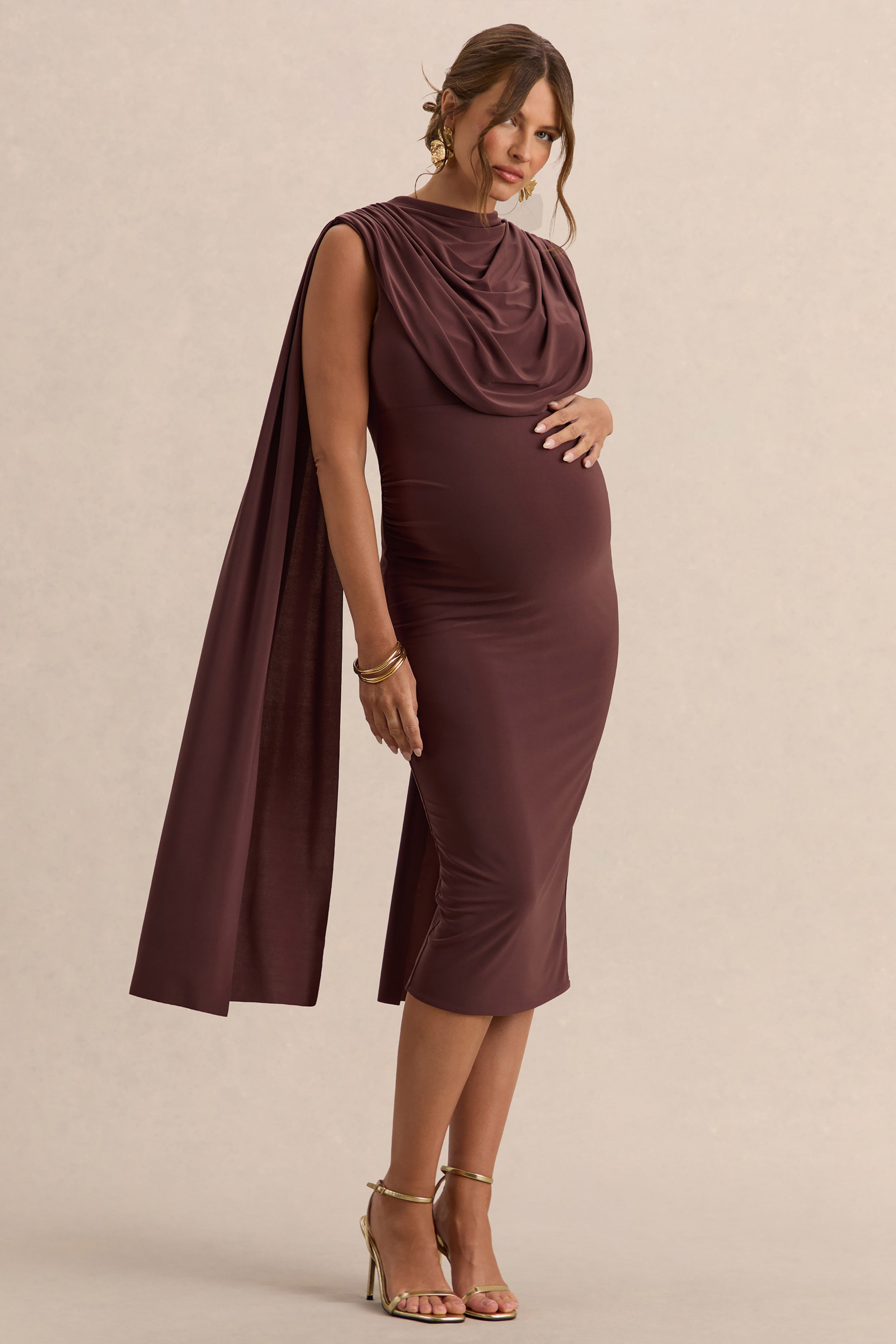 Driftly | Milaine Dark Brown Round-Neck Maternity Midi Dress With Cape Sleeves