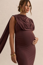 Driftly | Milaine Dark Brown Round-Neck Maternity Midi Dress With Cape Sleeves
