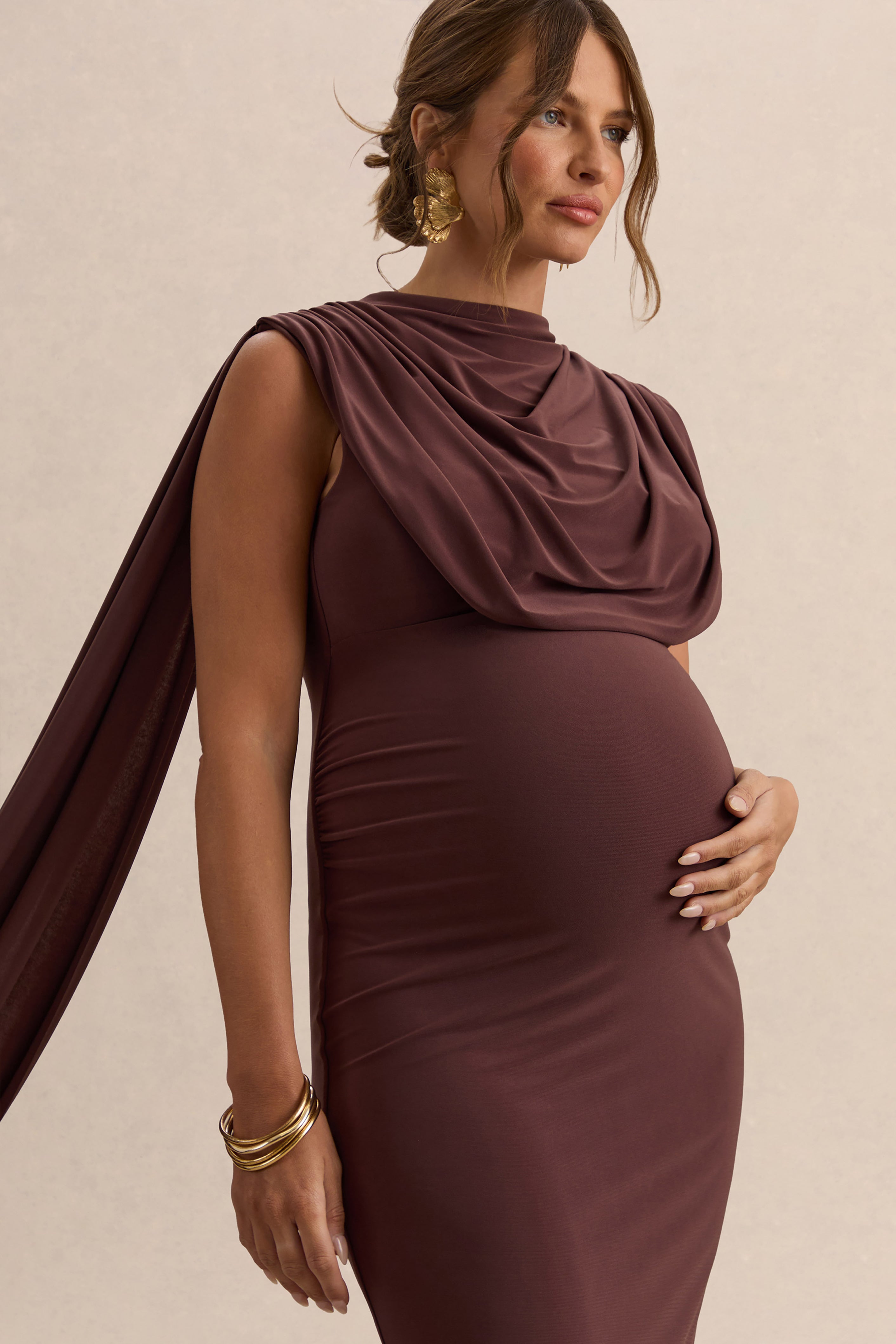 Driftly | Milaine Dark Brown Round-Neck Maternity Midi Dress With Cape Sleeves