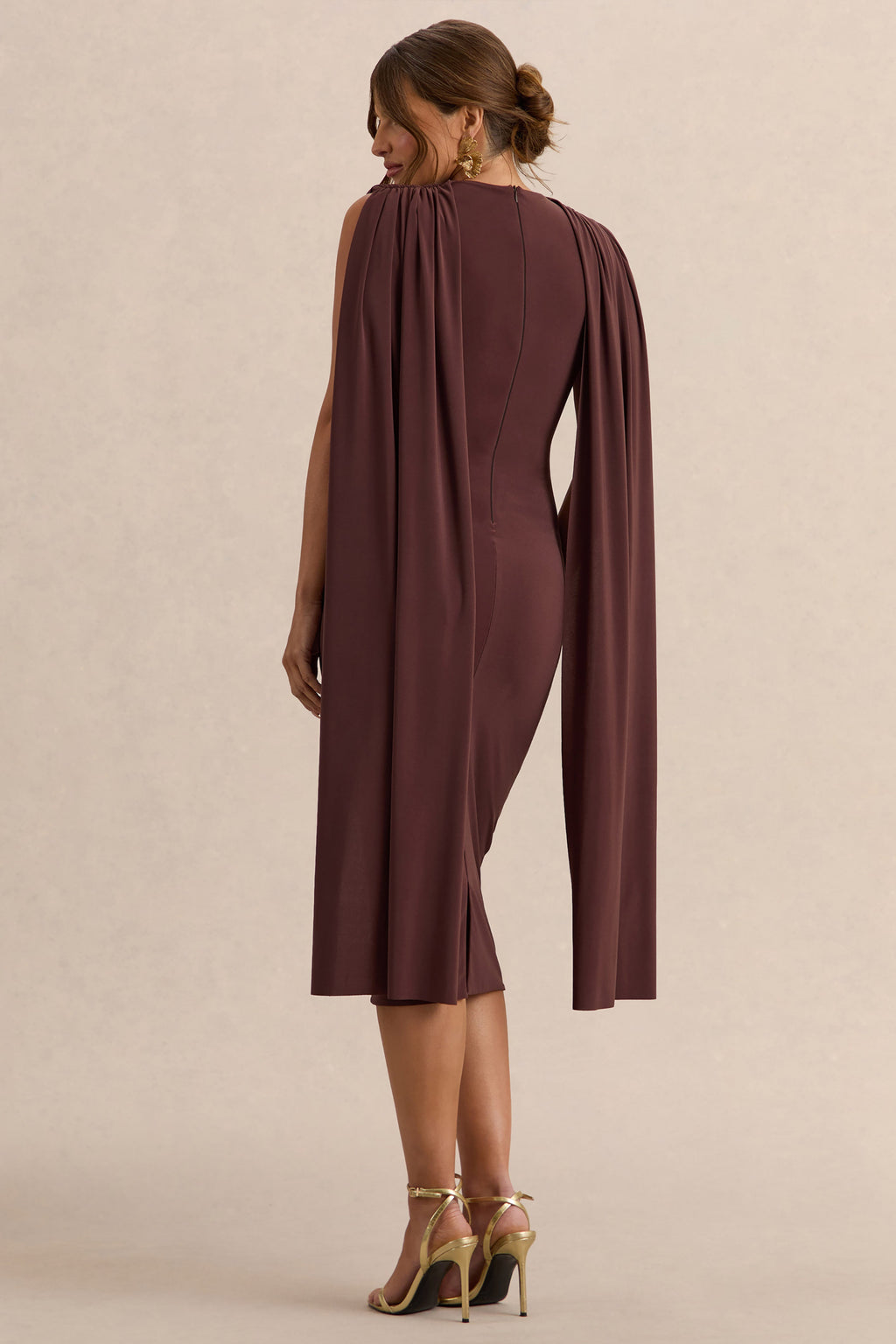 Driftly | Milaine Dark Brown Round-Neck Maternity Midi Dress With Cape Sleeves