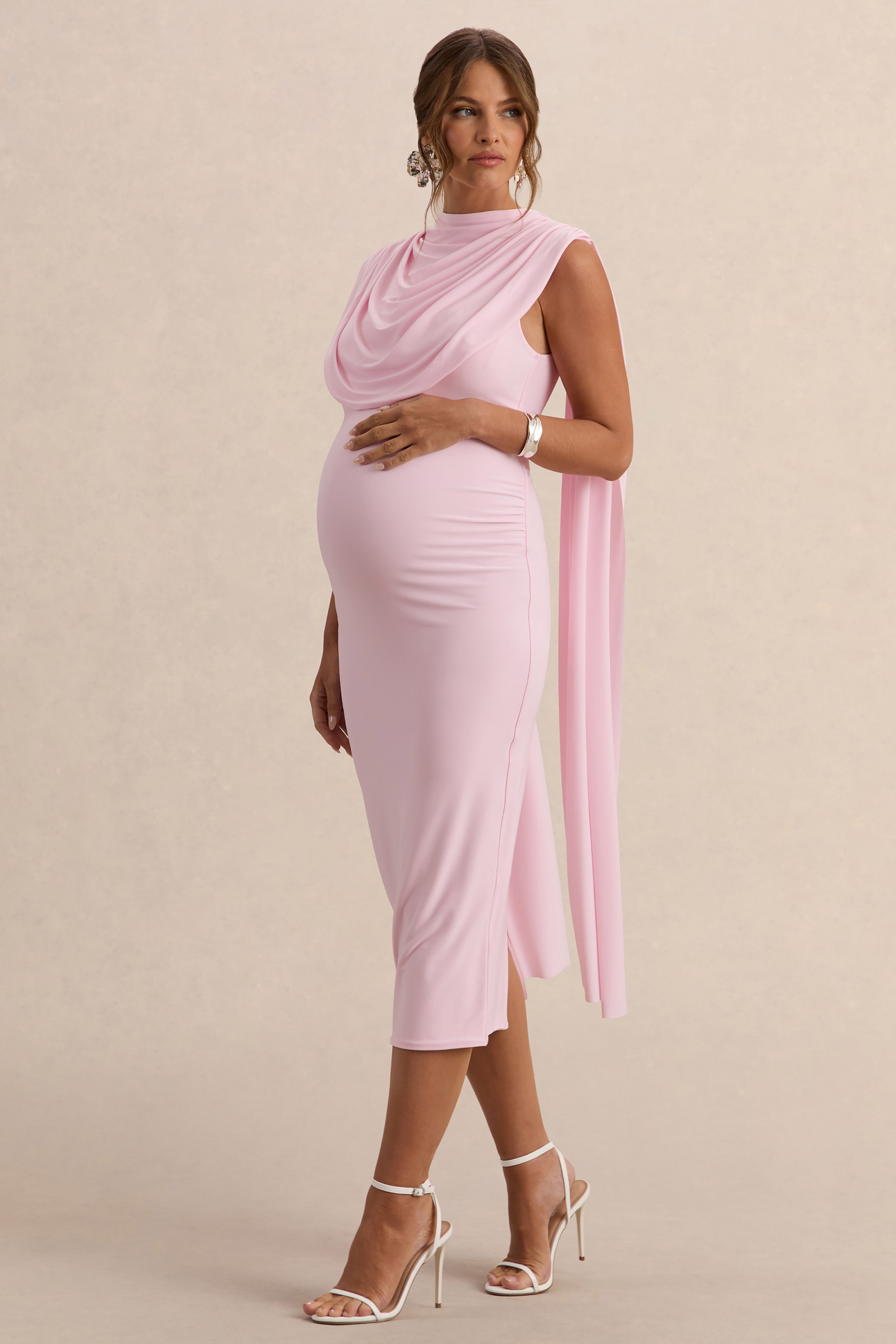 Driftly | Milaine Light Pink Round-Neck Maternity Midi Dress With Cape Sleeves