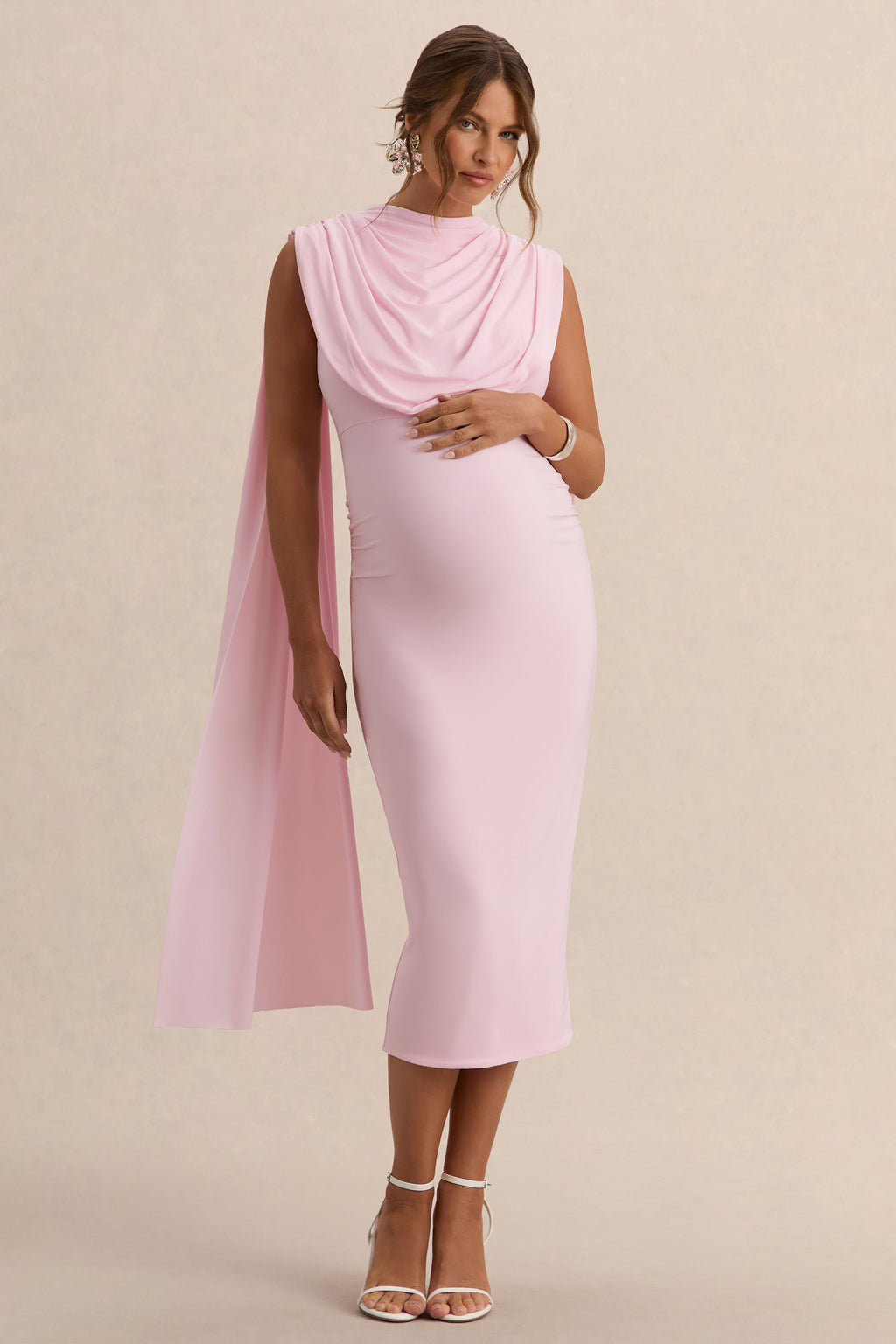 Driftly | Milaine Light Pink Round-Neck Maternity Midi Dress With Cape Sleeves