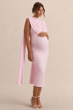 Driftly | Milaine Light Pink Round-Neck Maternity Midi Dress With Cape Sleeves