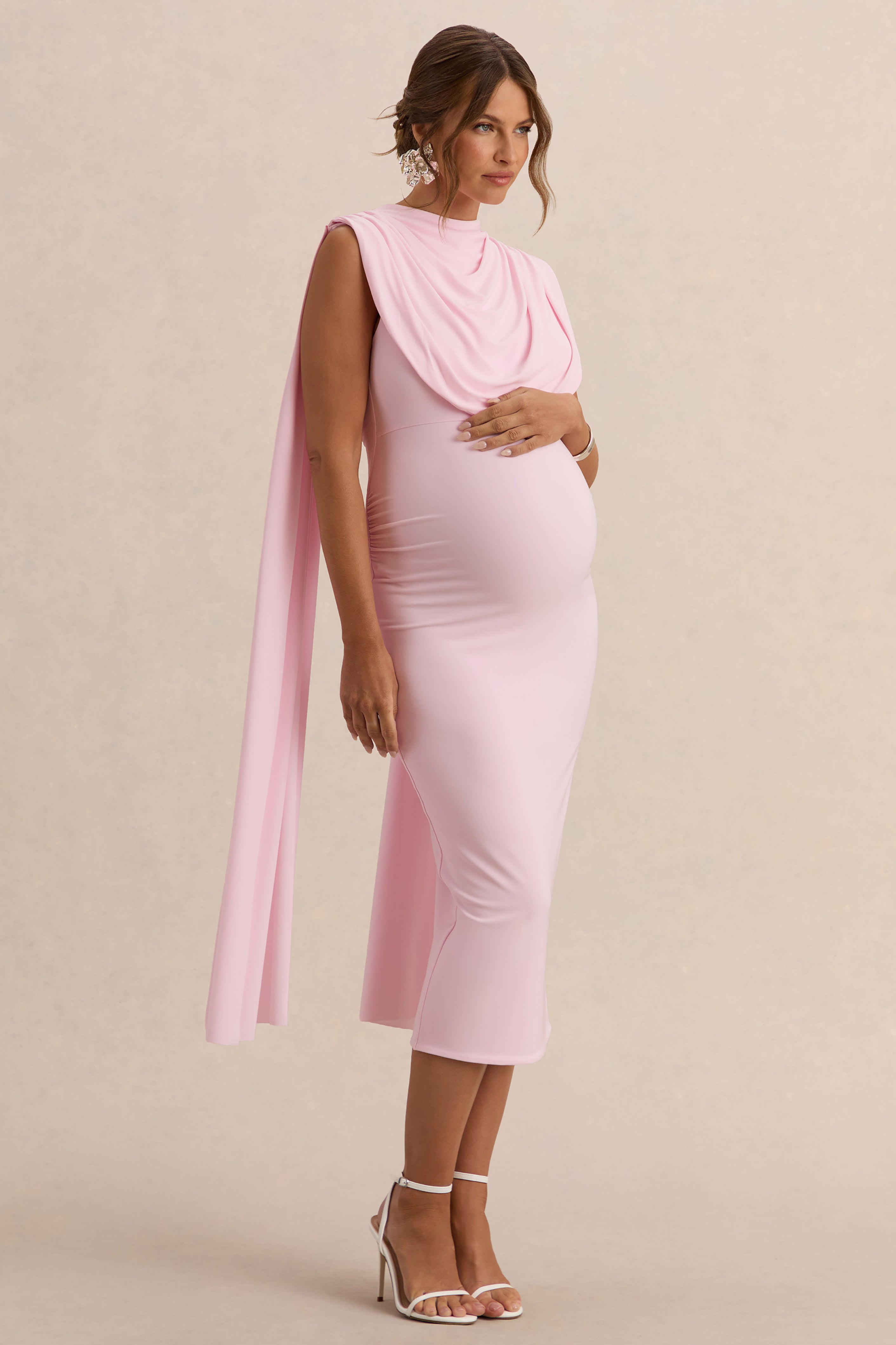 Driftly | Milaine Light Pink Round-Neck Maternity Midi Dress With Cape Sleeves