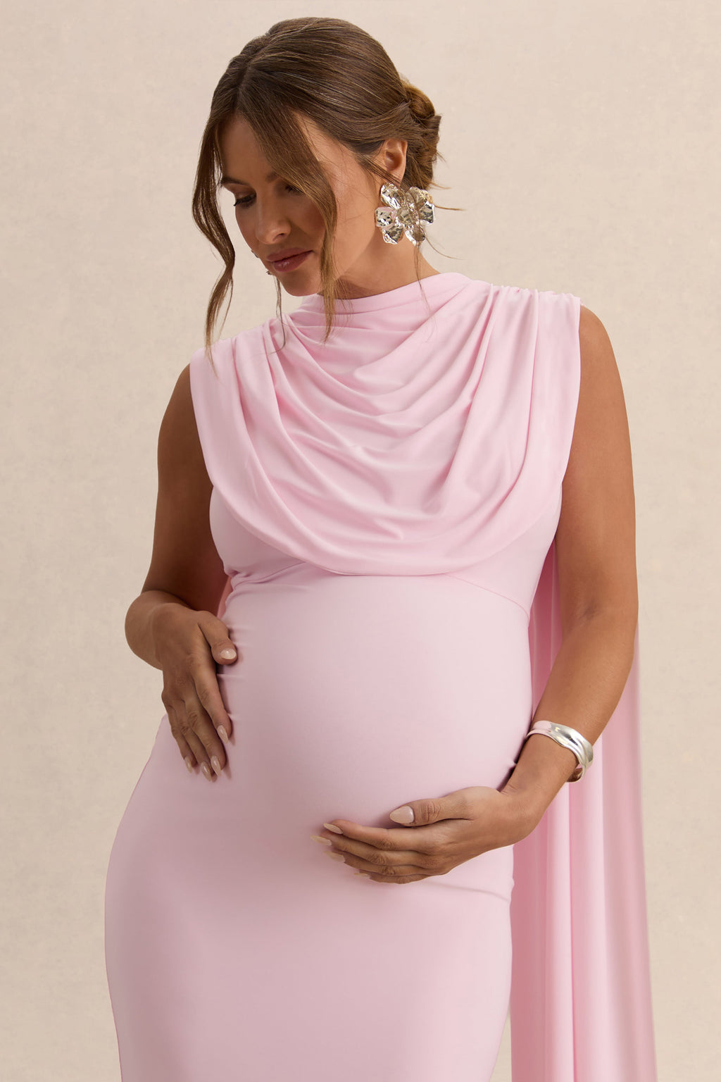 Milaine Light Pink Round-Neck Maternity Midi Dress With Cape Sleeves – second lifestyle photo