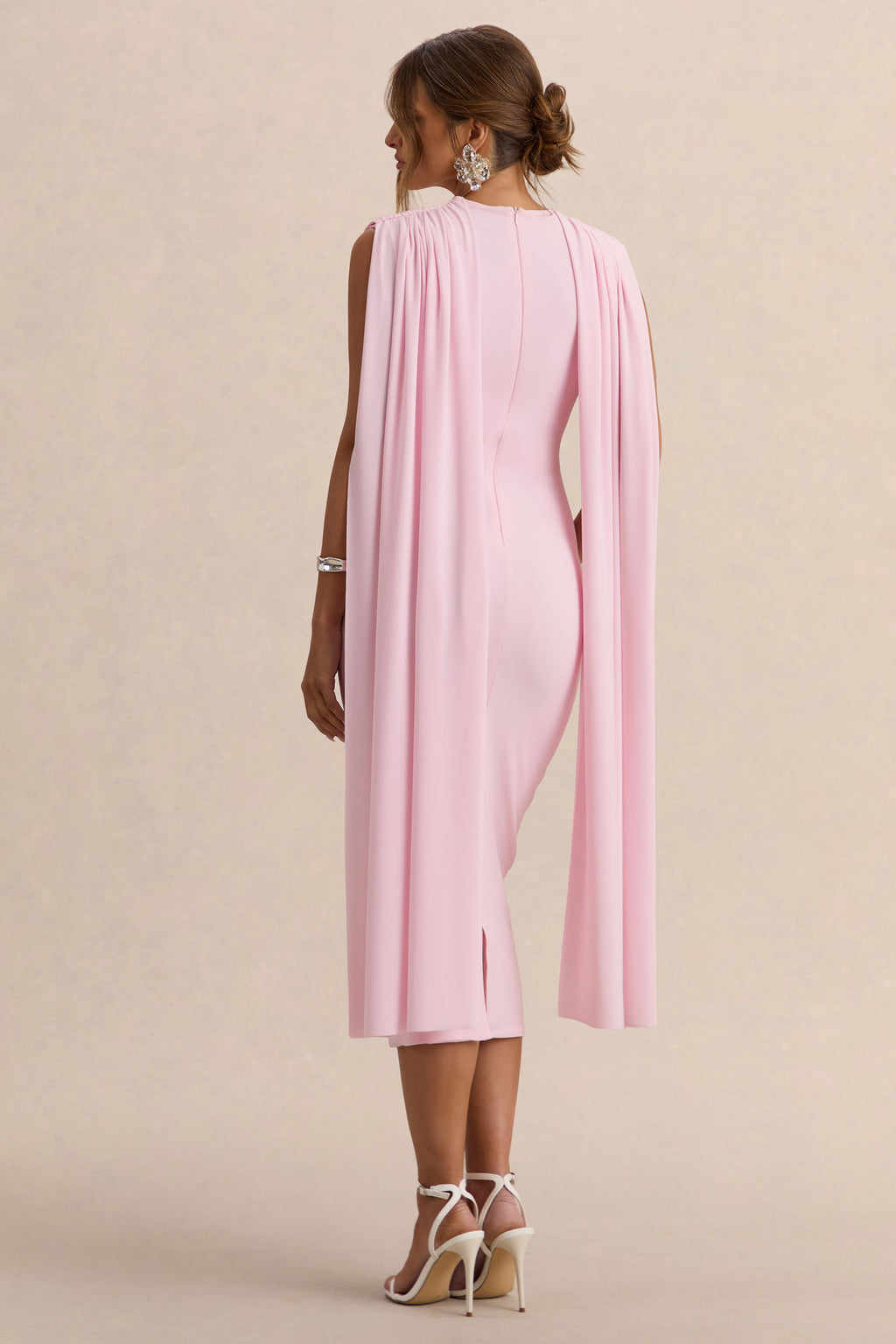 Driftly | Milaine Light Pink Round-Neck Maternity Midi Dress With Cape Sleeves
