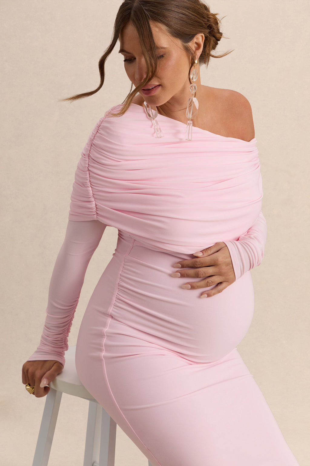 Driftly | Carleigh Light Pink Asymmetric-Neck Maternity Maxi Dress With Draped Detailing
