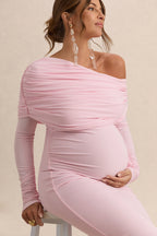 Driftly | Carleigh Light Pink Asymmetric-Neck Maternity Maxi Dress With Draped Detailing