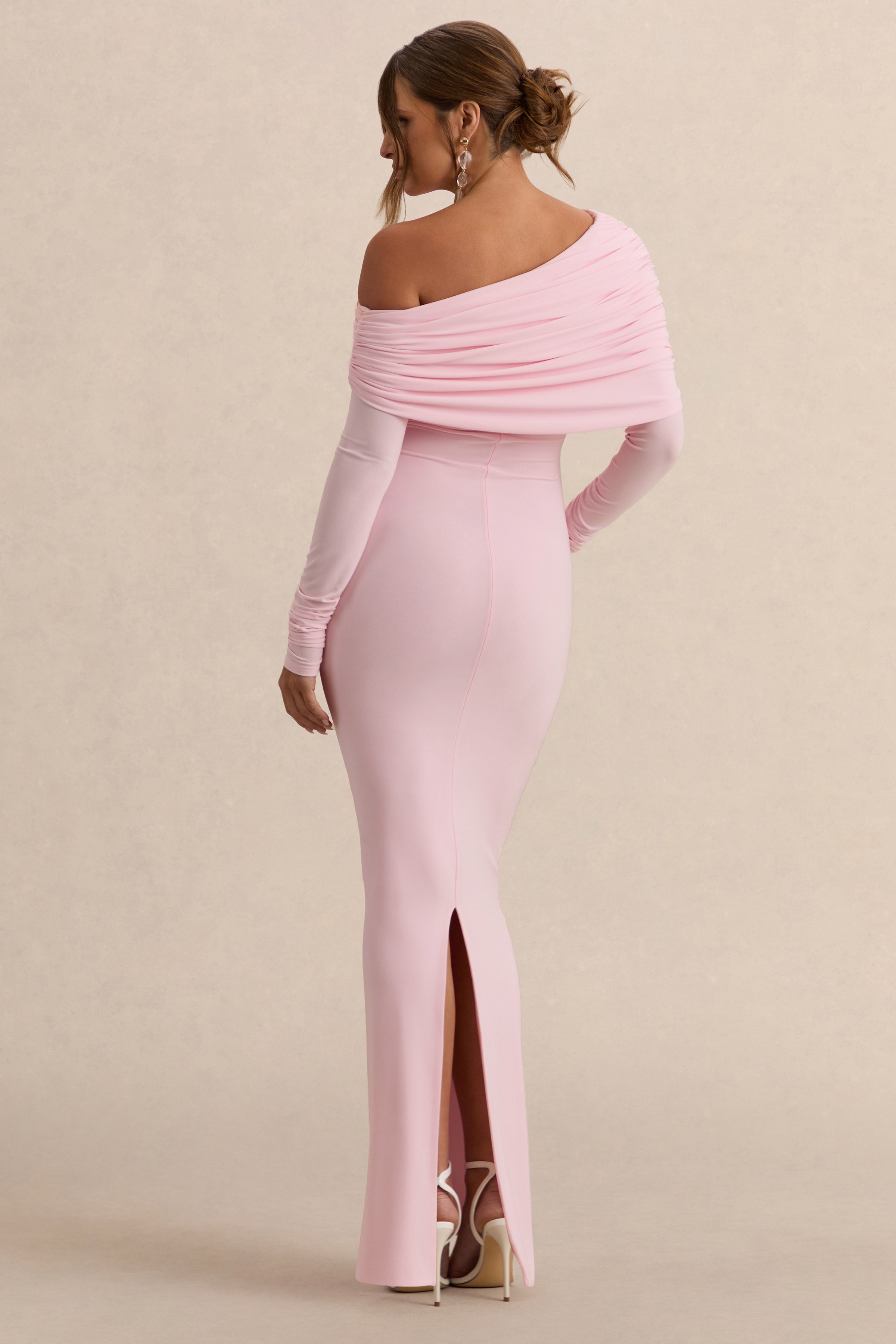 Driftly | Carleigh Light Pink Asymmetric-Neck Maternity Maxi Dress With Draped Detailing