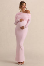 Driftly | Carleigh Light Pink Asymmetric-Neck Maternity Maxi Dress With Draped Detailing