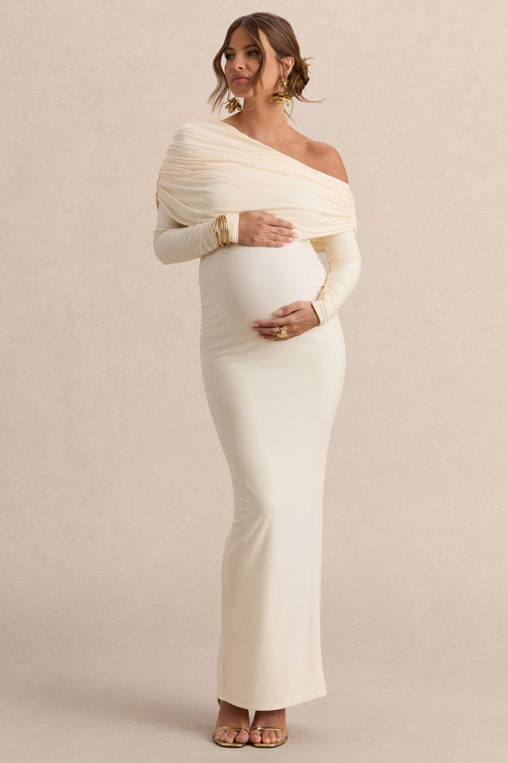 Driftly | Carleigh Cream Asymmetric-Neck Maternity Maxi Dress With Draped Detailing