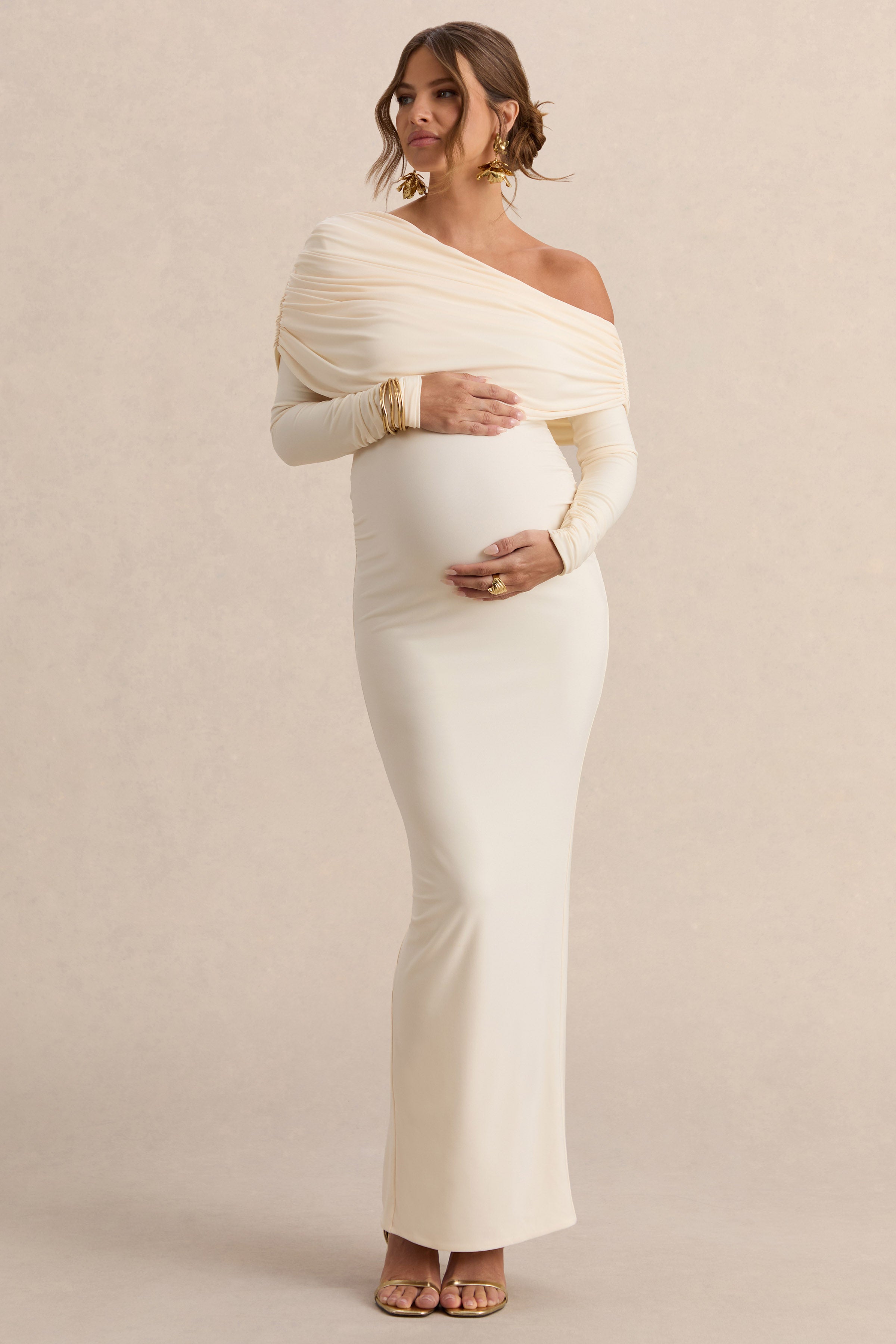 Driftly | Carleigh Cream Asymmetric-Neck Maternity Maxi Dress With Draped Detailing