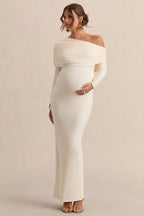 Carleigh Cream Asymmetric-Neck Maternity Maxi Dress With Draped Detailing – second lifestyle photo