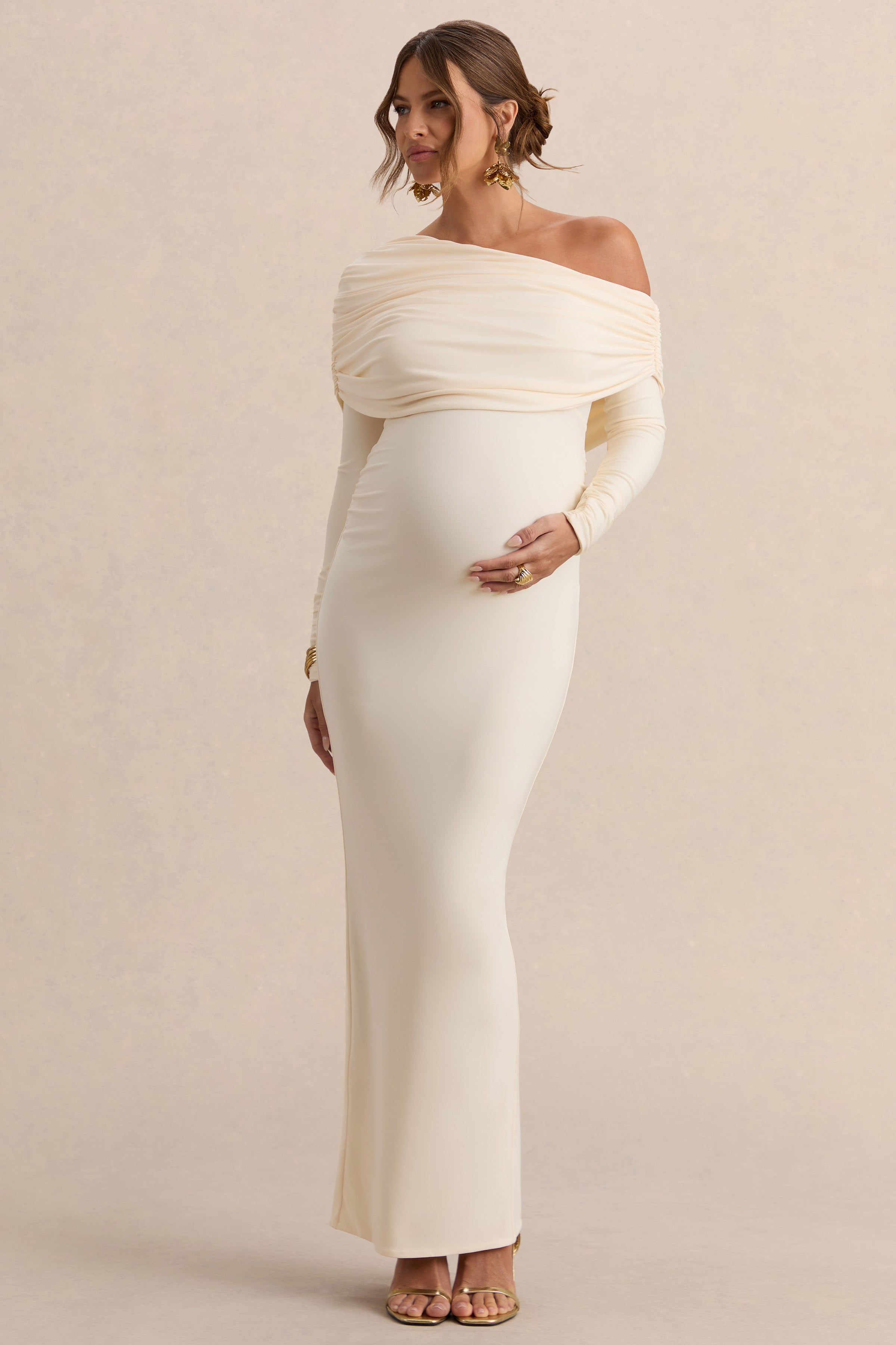 Carleigh Cream Asymmetric-Neck Maternity Maxi Dress With Draped Detailing – second lifestyle photo