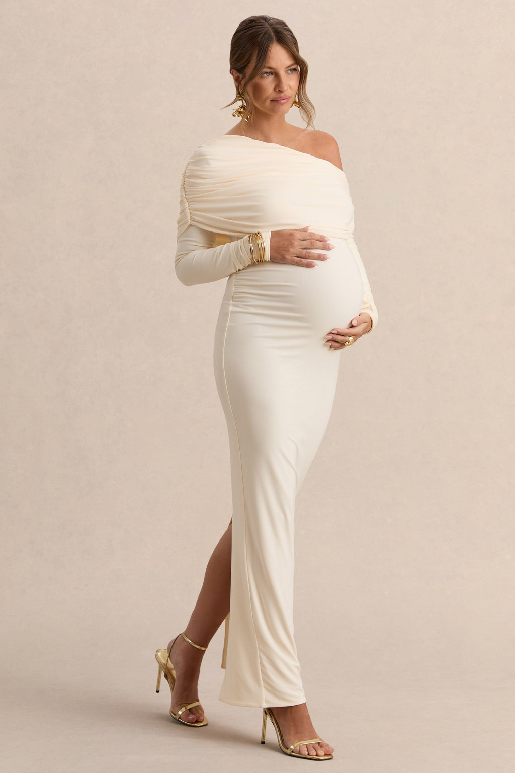 Carleigh Cream Asymmetric-Neck Maternity Maxi Dress With Draped Detailing – additional view