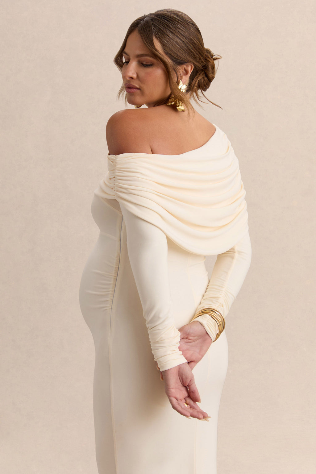 Driftly | Carleigh Cream Asymmetric-Neck Maternity Maxi Dress With Draped Detailing