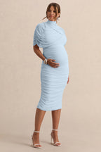 Driftly | Aderyn Light Blue High-Neck Maternity Midi Dress With Sheer Cape Sleeves