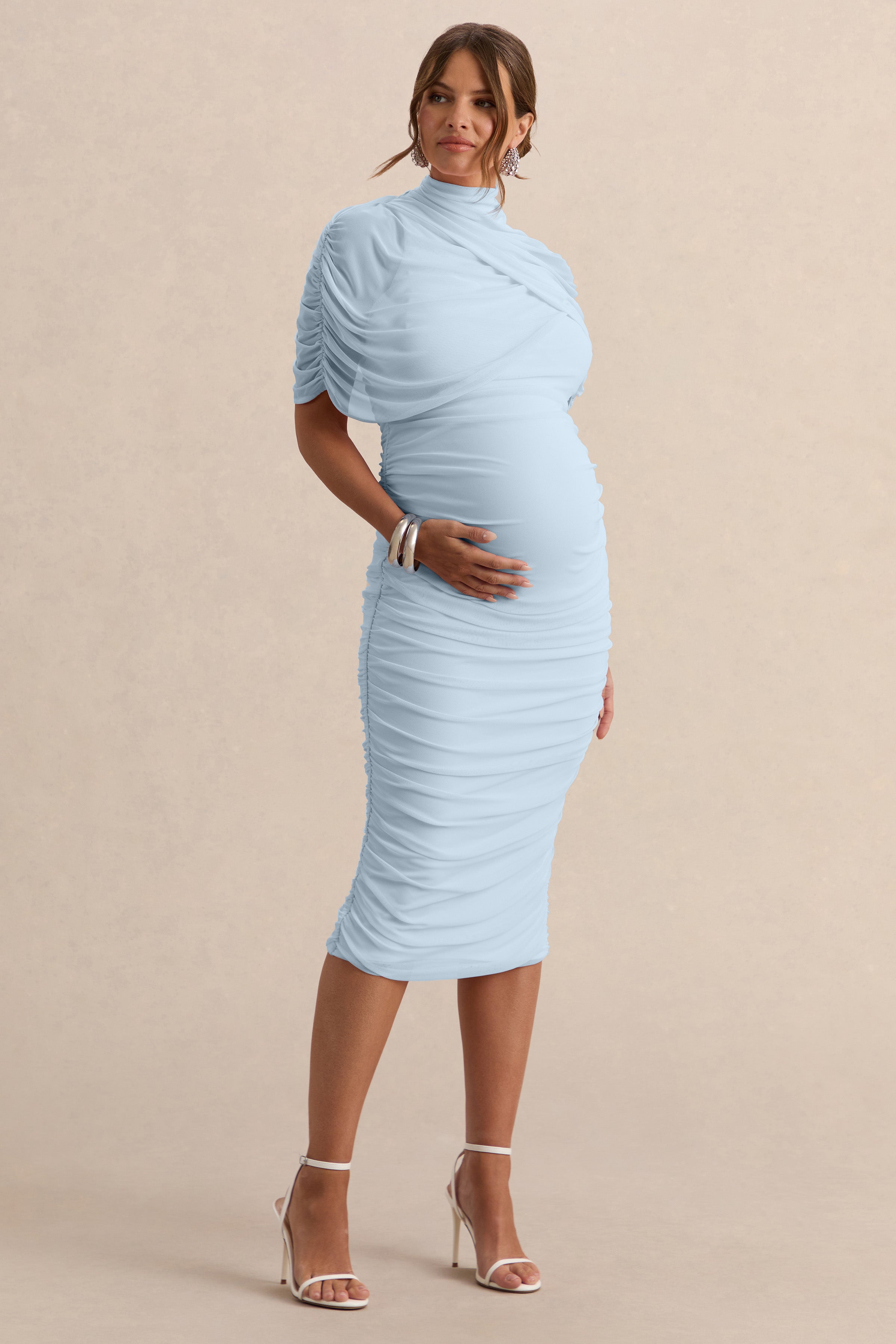 Driftly | Aderyn Light Blue High-Neck Maternity Midi Dress With Sheer Cape Sleeves