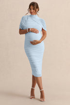 Driftly | Aderyn Light Blue High-Neck Maternity Midi Dress With Sheer Cape Sleeves