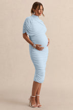 Aderyn Light Blue High-Neck Maternity Midi Dress With Sheer Cape Sleeves – second lifestyle photo