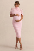 Driftly | Aderyn Light Pink High-Neck Maternity Midi Dress With Sheer Cape Sleeves